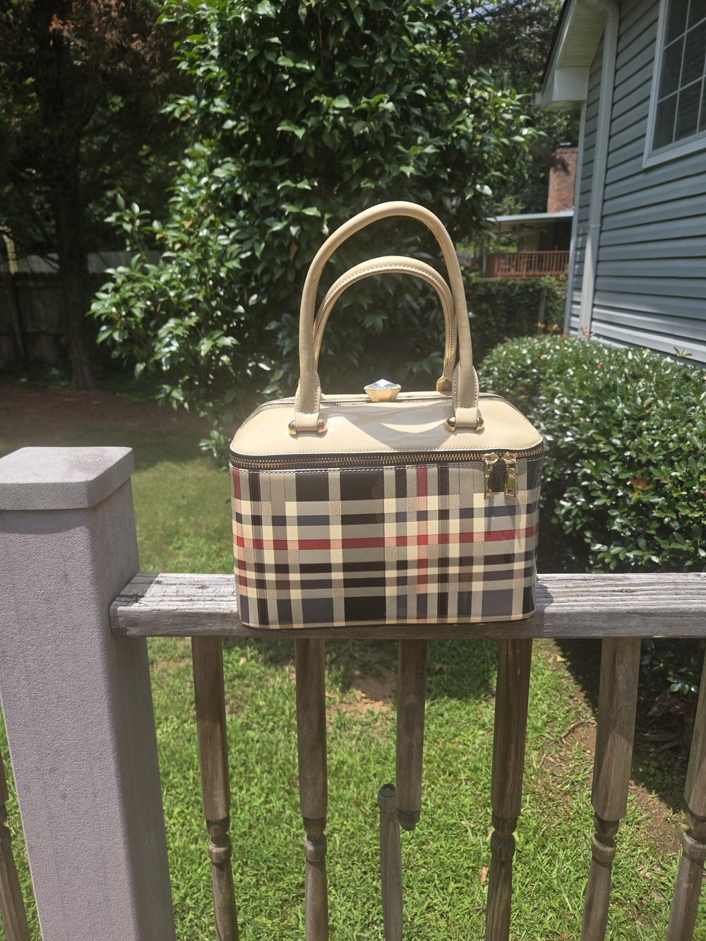 Beige Plaid Structured Top-Handle Bag